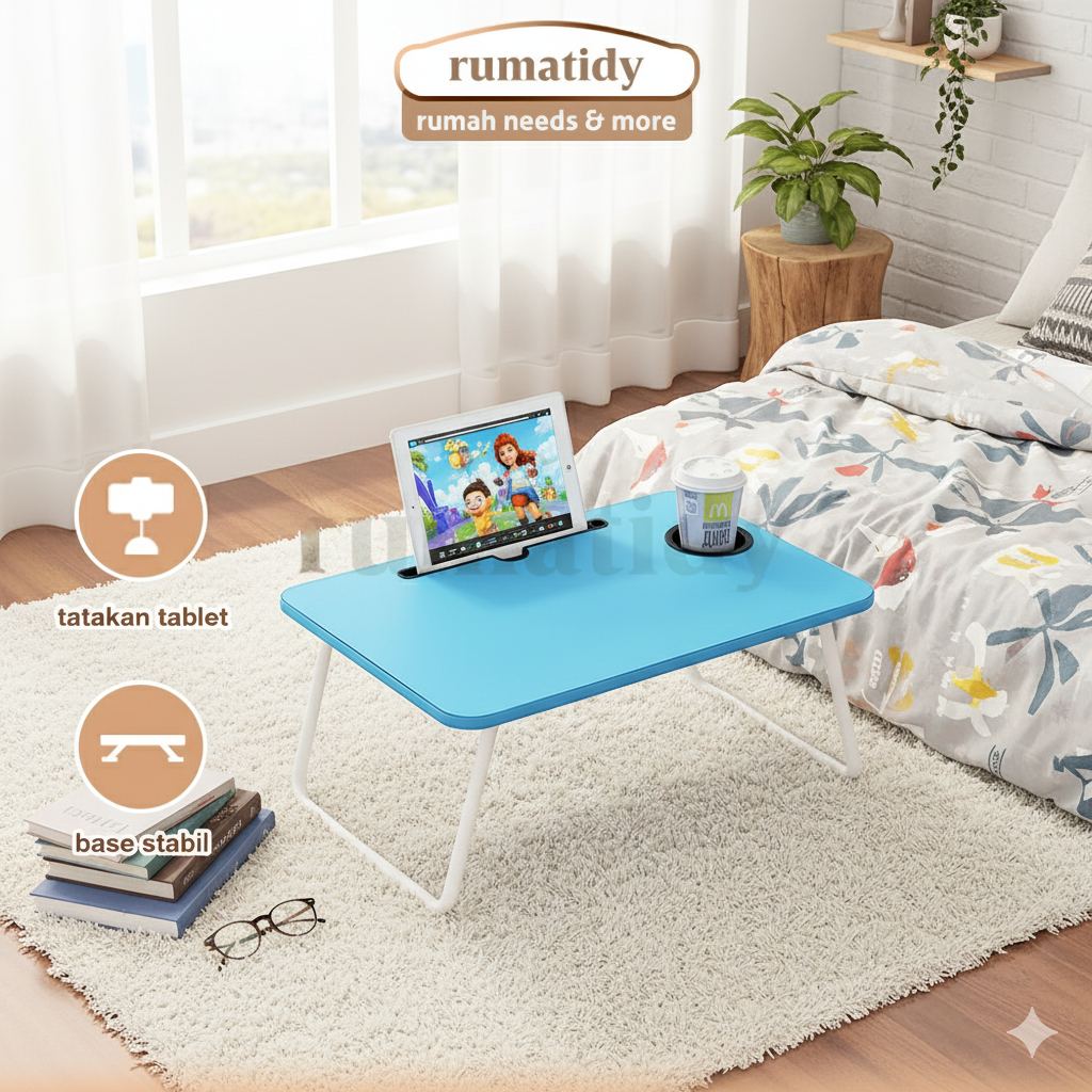 RUMATIDY - Meja Lipat Serbaguna Lesehan Portable Besi Kayu HPL Kokoh Untuk Belajar Kerja Berkualitas