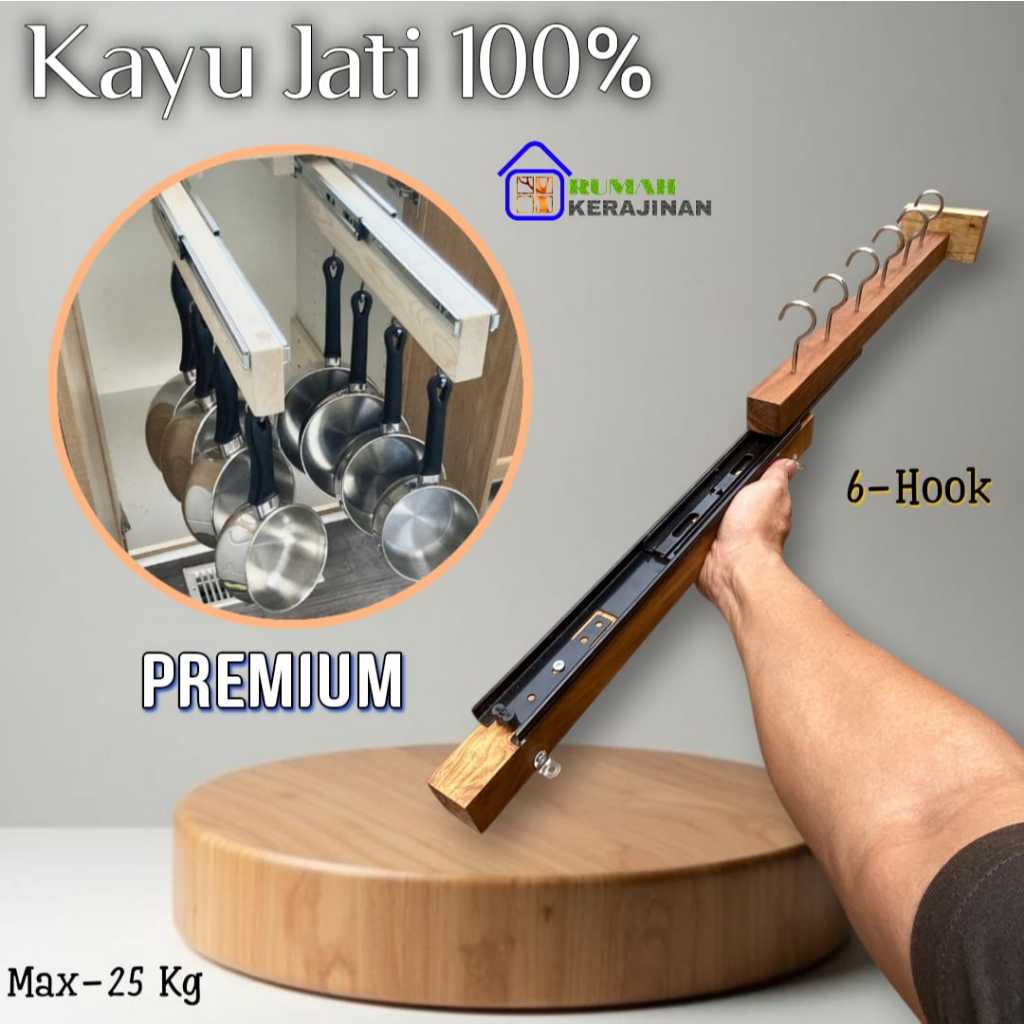 Rel Gantungan Panci Multifungsi Kayu Jati Sliding || Rel Gantungan Panci Multifungsi Kuat Estetik
