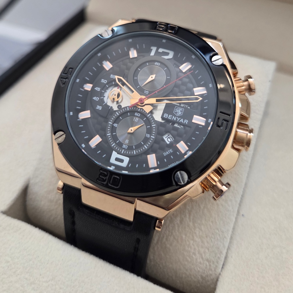 BENYAR Fortune Jam Tangan Pria Original Analog Baterai Chronograph Hitam Gold Tali Kulit Anti Air