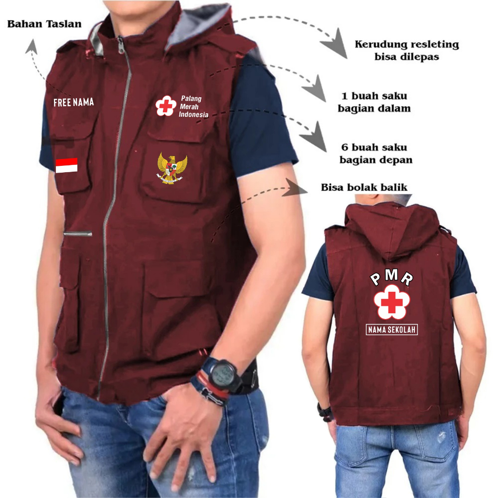 Rompi Kantong PMR Palang Merah Remaja Free Nama Sekolahan / Rompi Custom / Rompi Pria Wanita