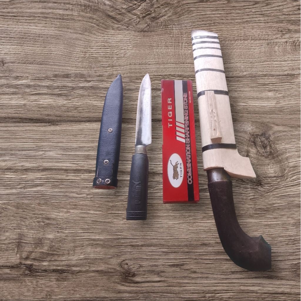Promo 4pcs Pisau Bahan Baja HSS super Tajam + Serangka+Golok tebas Bambu Golok Tebas Pohon + Asahan 
