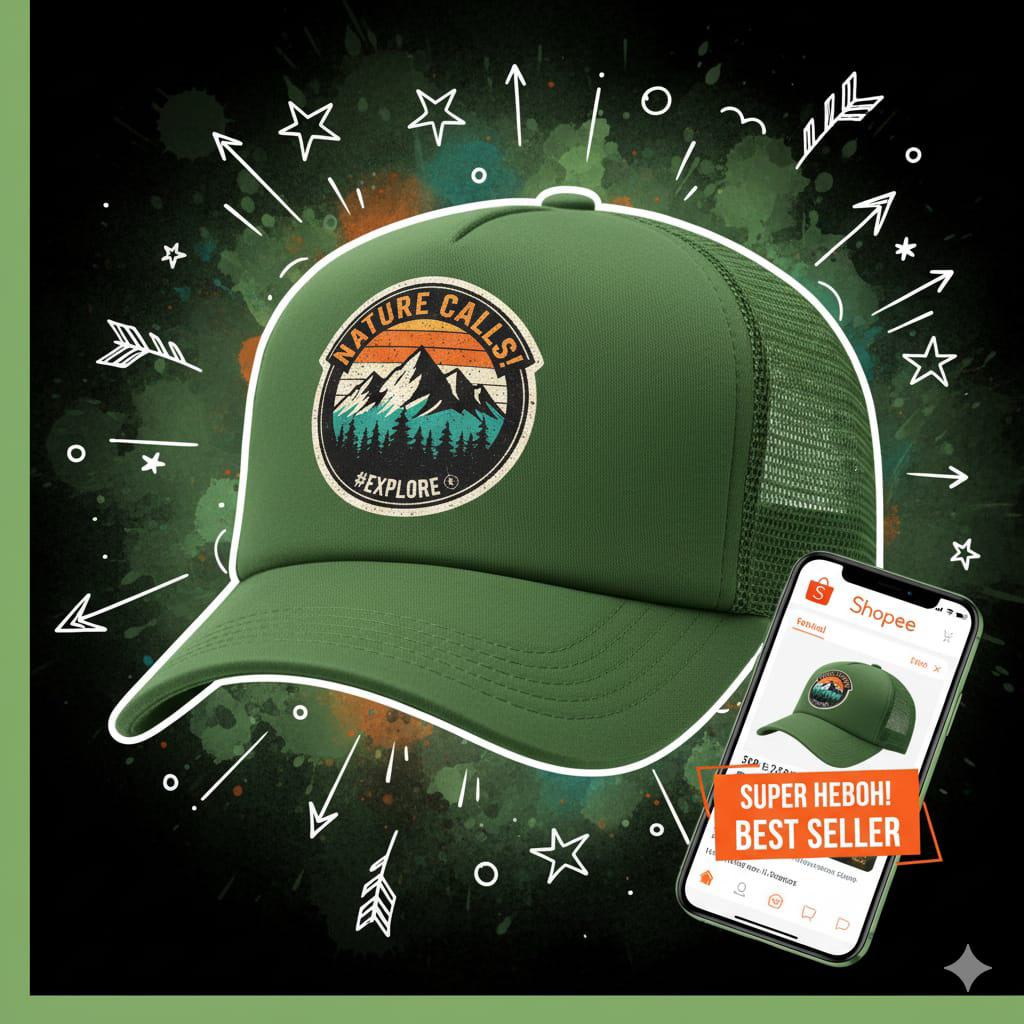 Topi trucker jaring sablon nature calls anak gunung pecinta alam