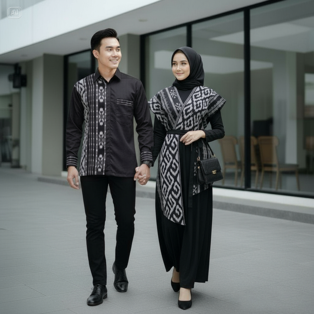Baju Tenun Couple Batik Gamis Wanita Kemeja Pria Lebaran Kondangan Pernikahan Model Terbaru Modern