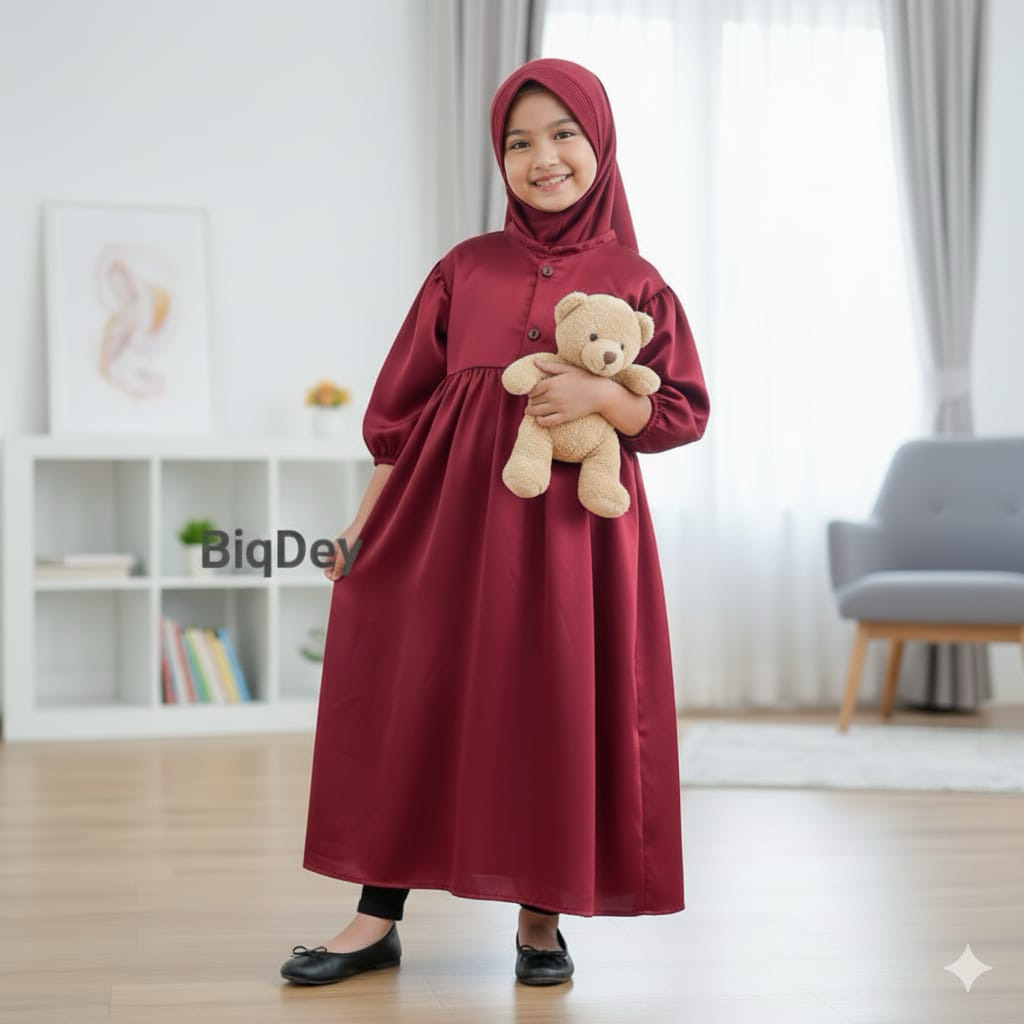 gaun long dress muslim anak polos satin