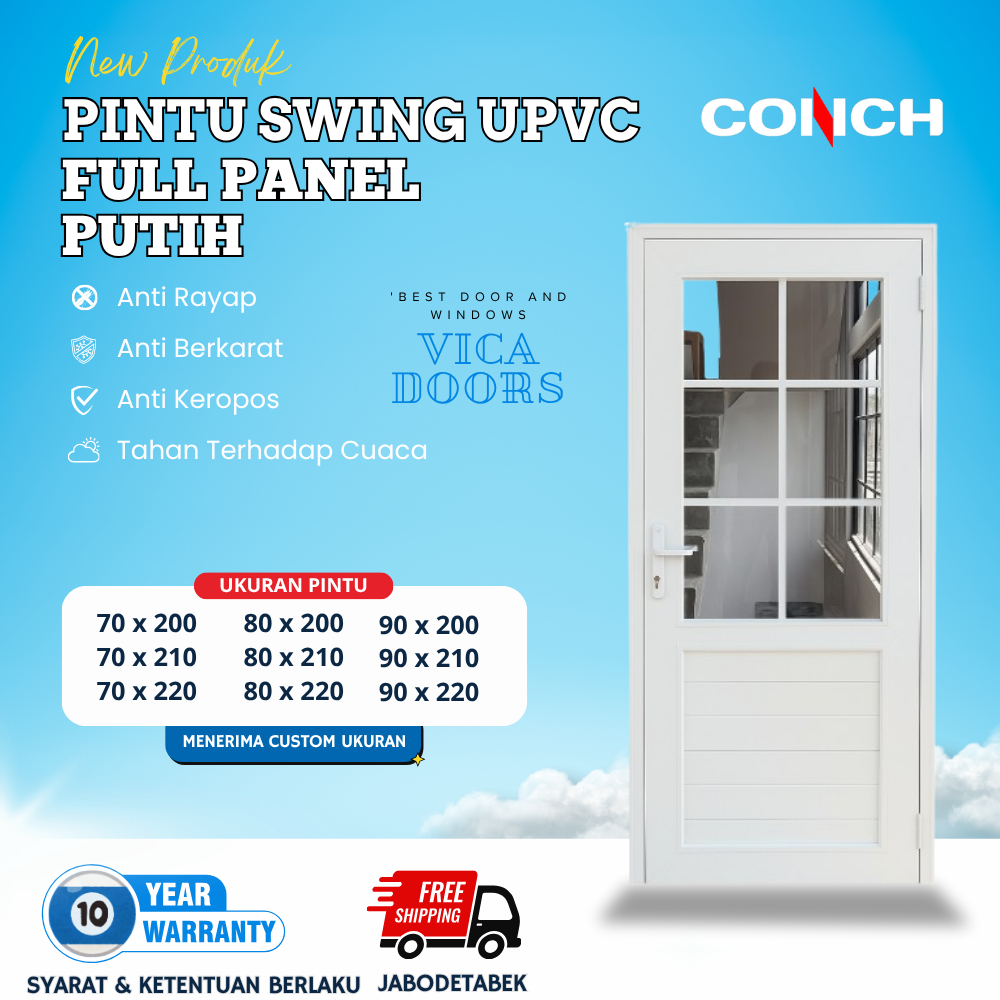 Pintu Swing Panel List Kaca UPVC Pintu Kamar Mandi Elegant Minimalis Warna Putih Conch UPVC