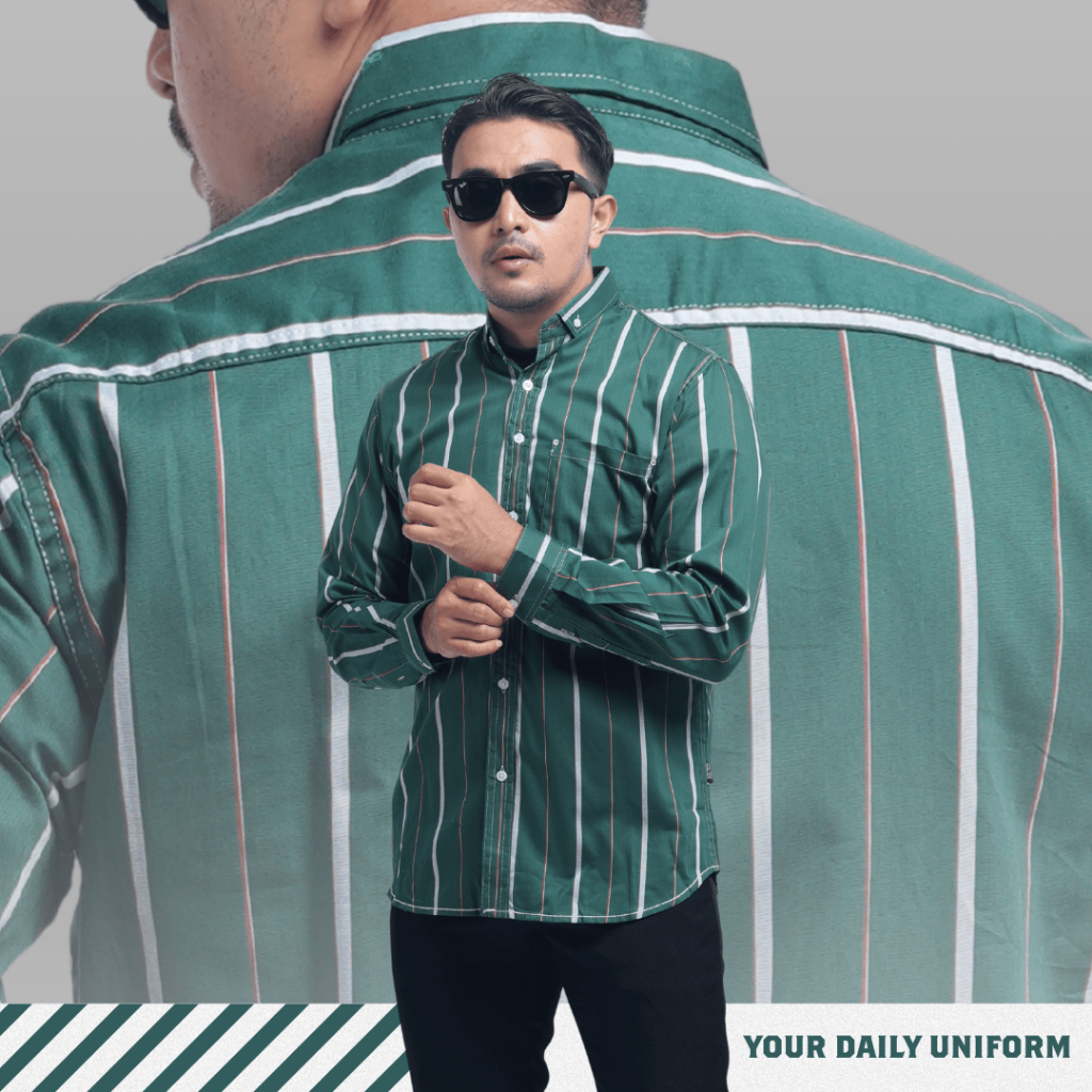 DGM Kemeja Pria Salur Lengan Panjang Premium Kemeja Stripe Pria Kemeja Garis Pria Slimfit Hijau Gari
