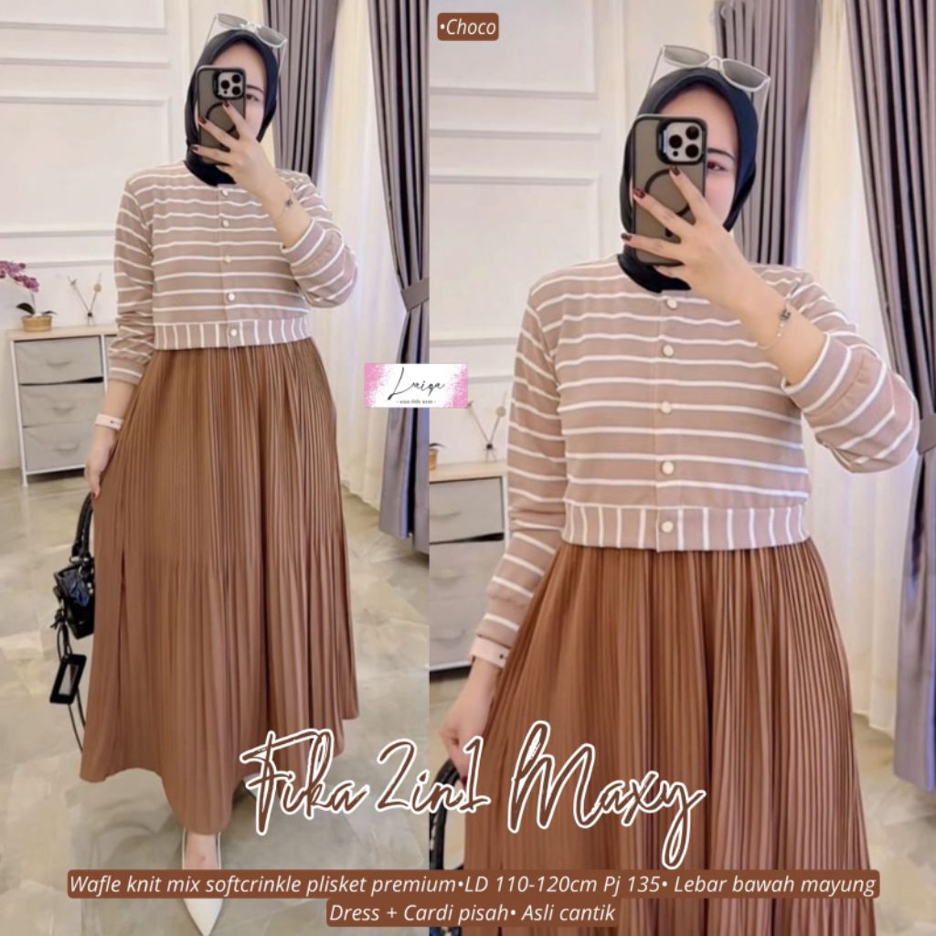 FIKA MIDI DRESS GAMIS WANITA BAHAN KAOS KNIT PREMIUM MOTIF POLOS KOMBINASI GARIS SALUR