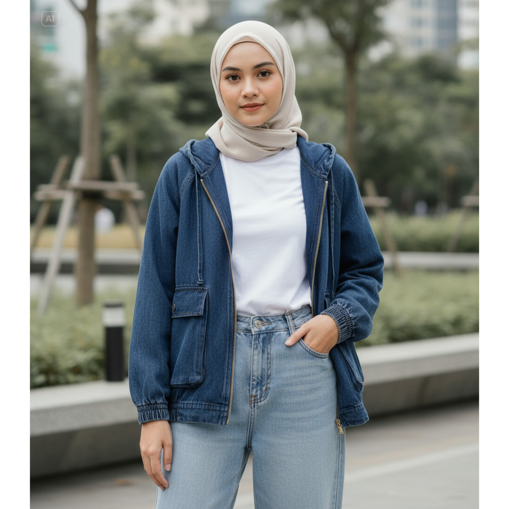 Unilo jacket jeans by Ana Hijab jacket jeans premium jumbo ld 130 cm hoodie wanita oversize