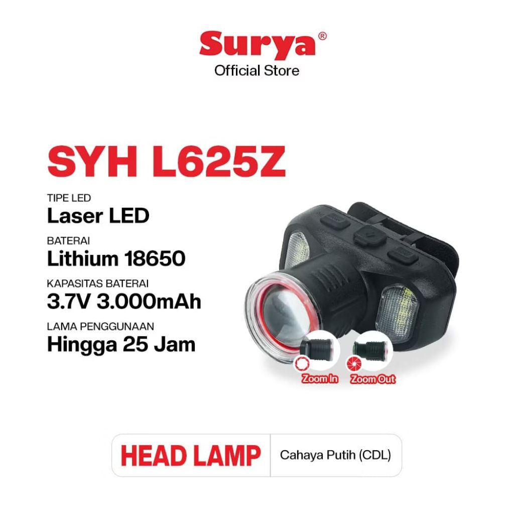 Surya SYH L625Z 62 Watt Lampu Senter Kepala Headlamp LED Rechargeable | Cahaya Putih / Cool Daylight