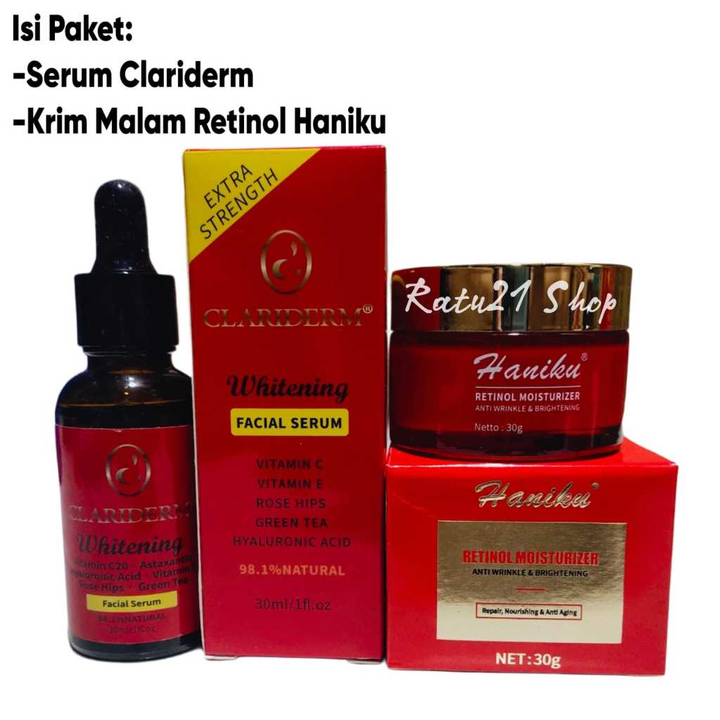 2in1 Paketan Clariderm Whitening Facial Serum & Krim Malam Retinol Moisturizer