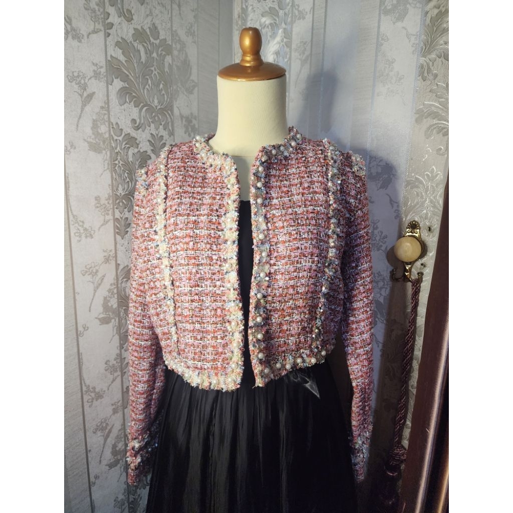 Blazer Crop Tweed Pink Mutiara