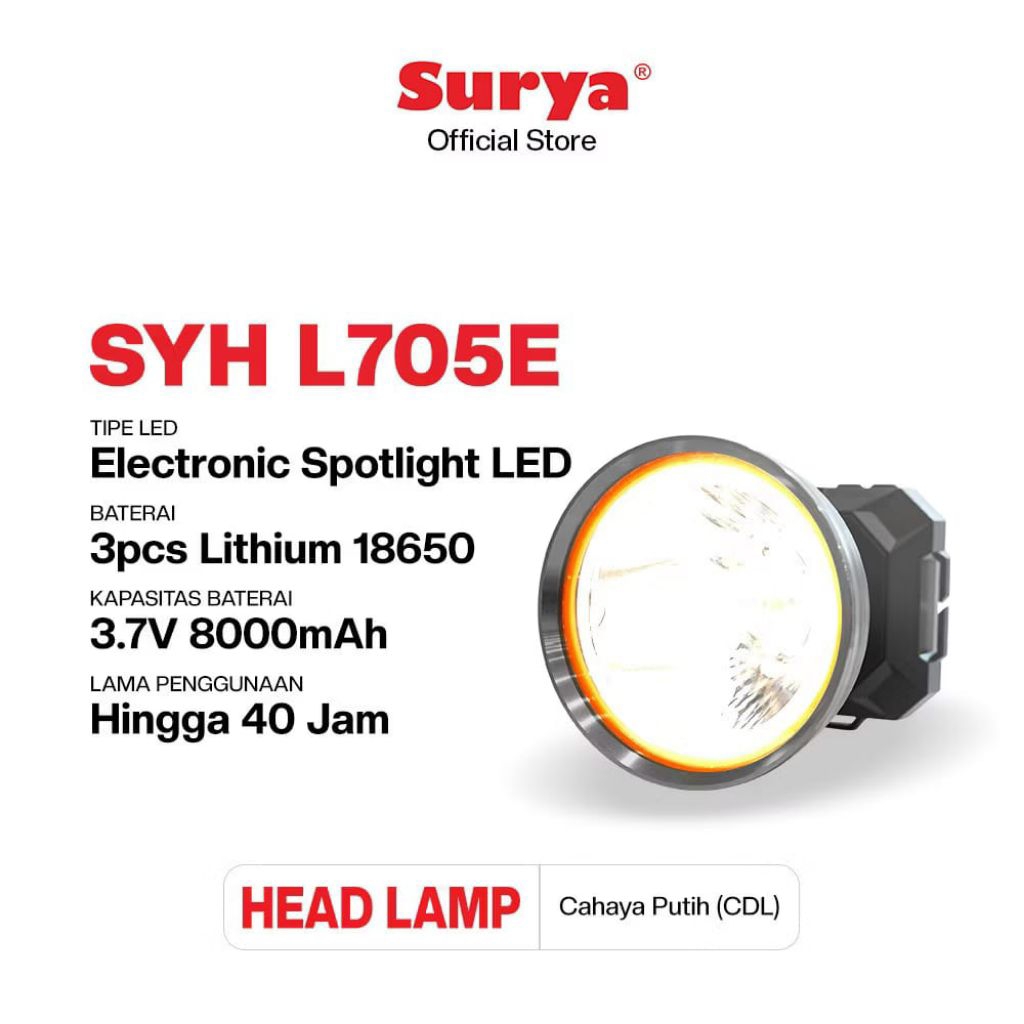 Surya SYH L705E 70 Watt Lampu Senter Kepala LED Rechargeable | Cahaya Putih / Cool Daylight 6500K | 