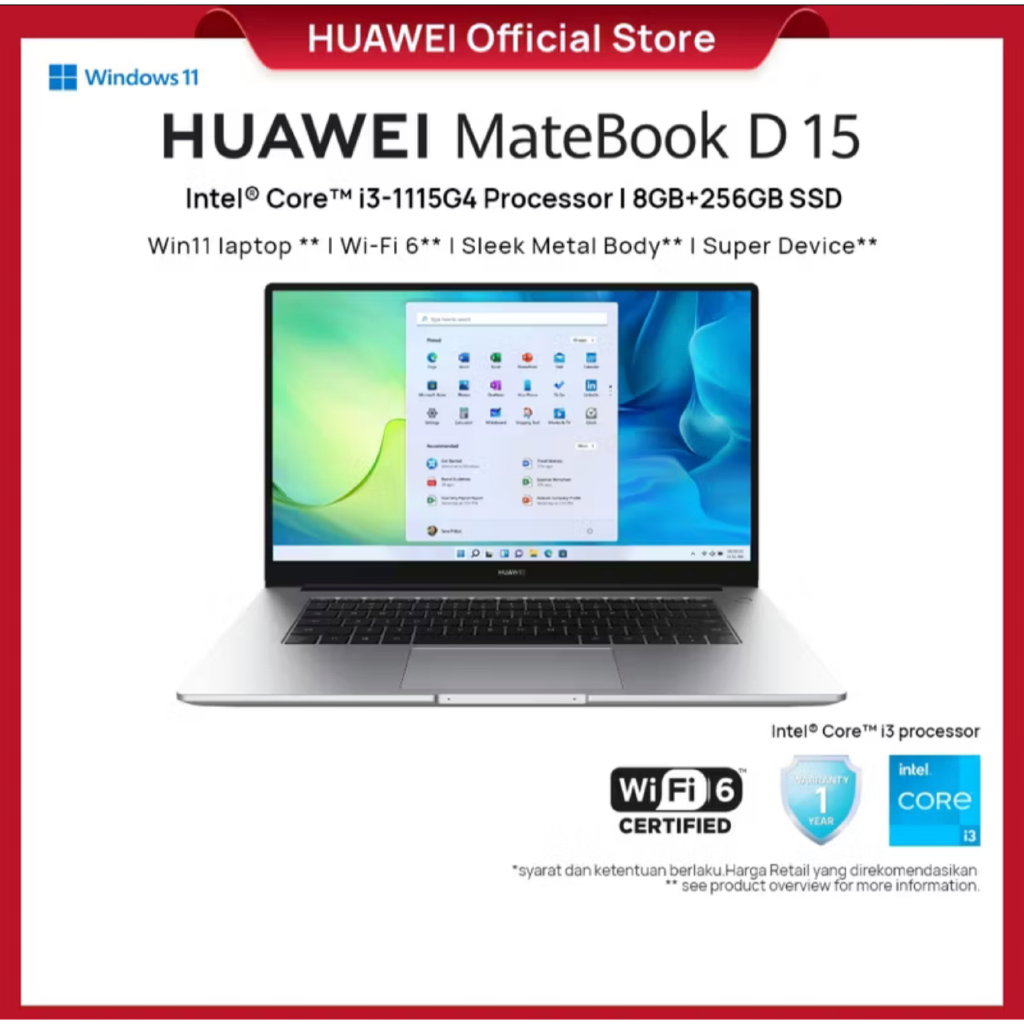 Huawei Matebook D15 Second 13-1115G4 8+256GB SSD Win11 Laptop Wifi 6 Kuliah Kerja Body Metal