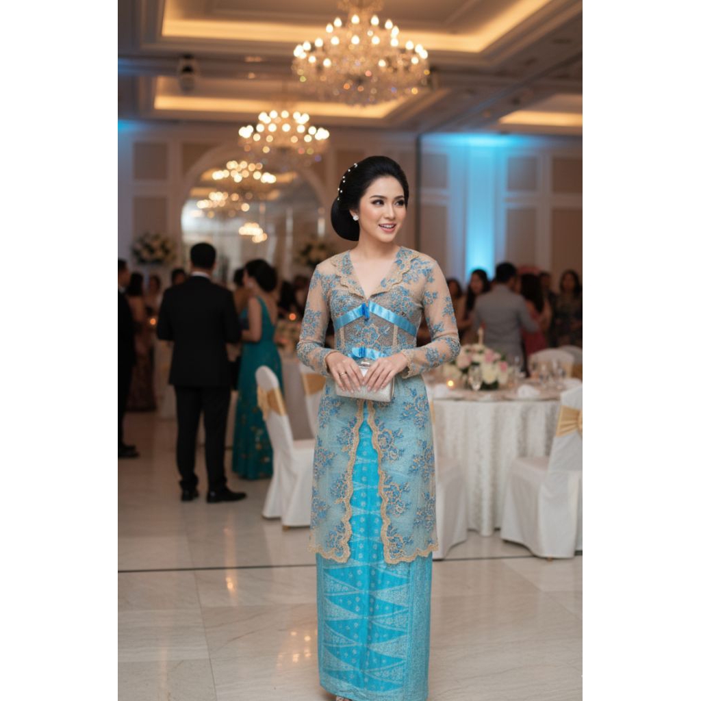 set kebaya biru set rok songket motif pucuk rebung