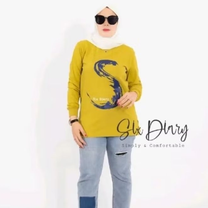 SixDiary--Atasan Kaos Lengan Panjang Wanita Tangan Rib SixDiary