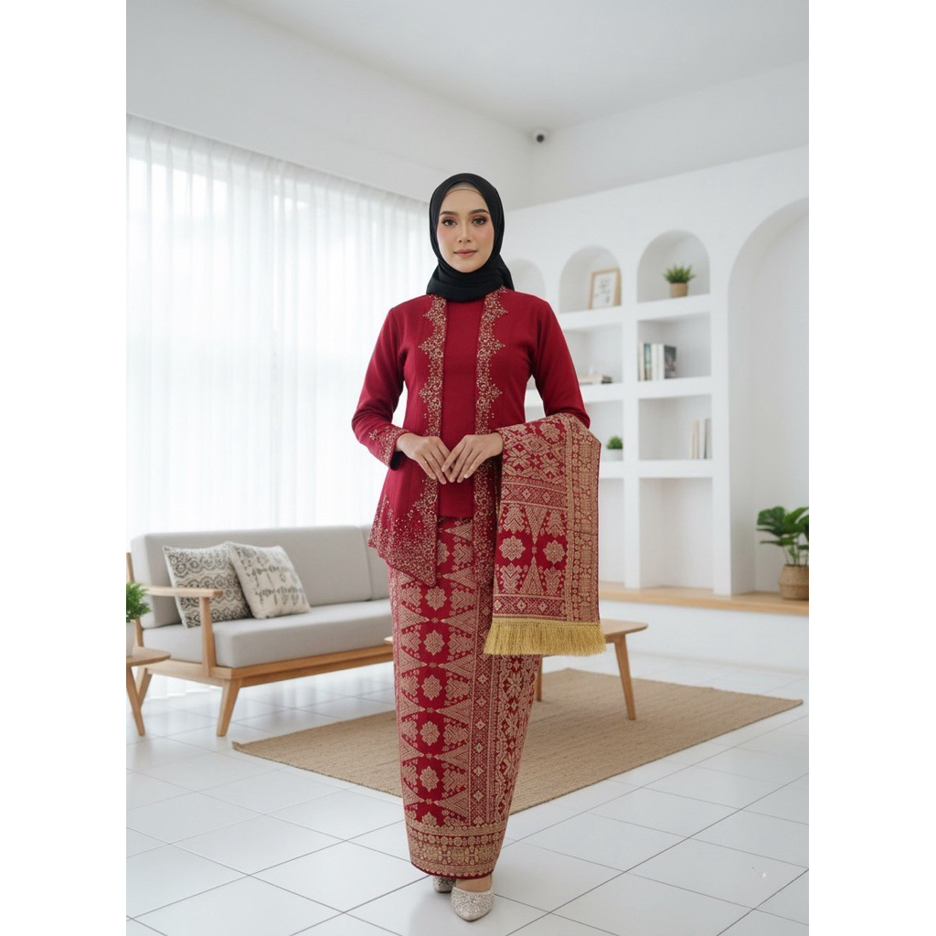 Setelan Kain Songket dan Selendang Tenun Mesin Bahan Premium ATBM Motif Lepus | Barang READY