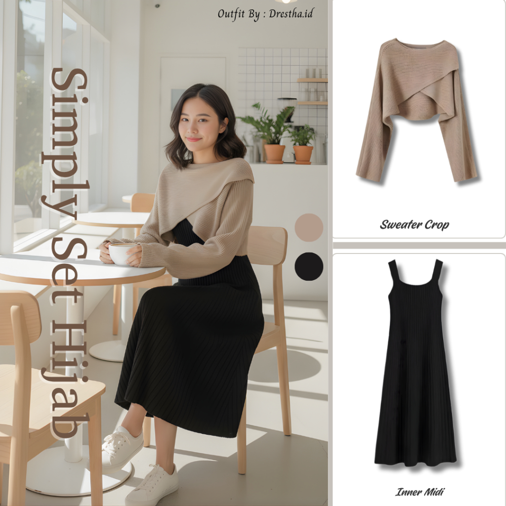 One Set Inner Dress Midi Rajut + Outer Crop Rajut | Vest Cardigan Knit 2in1 Gaya Korea Nude OOTD Imp