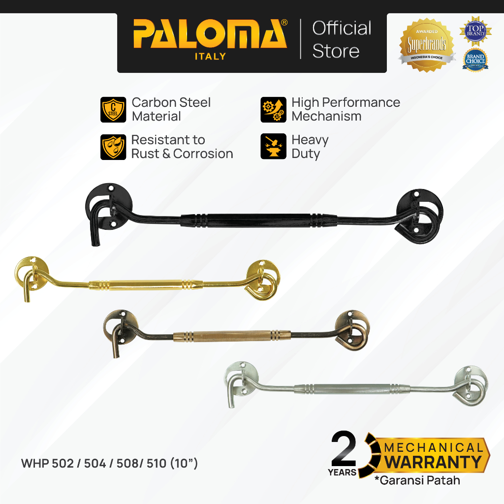 PALOMA Penahan Hak Angin Jendela Window Hook 10" Inch Solid Steel Baja Gold Emas Silver Grey Abu Ant