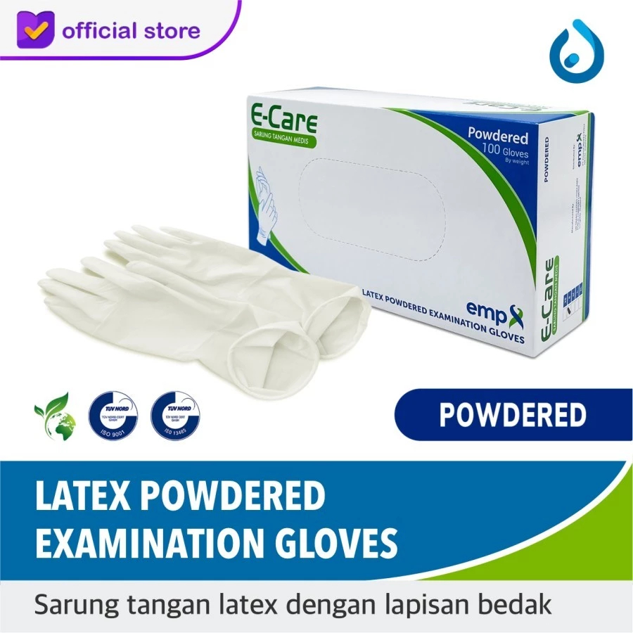 KARTON - E-CARE Latex Powder Sarung Tangan latex Handscoon E-care Latex isi 100pcs (POWDERED)