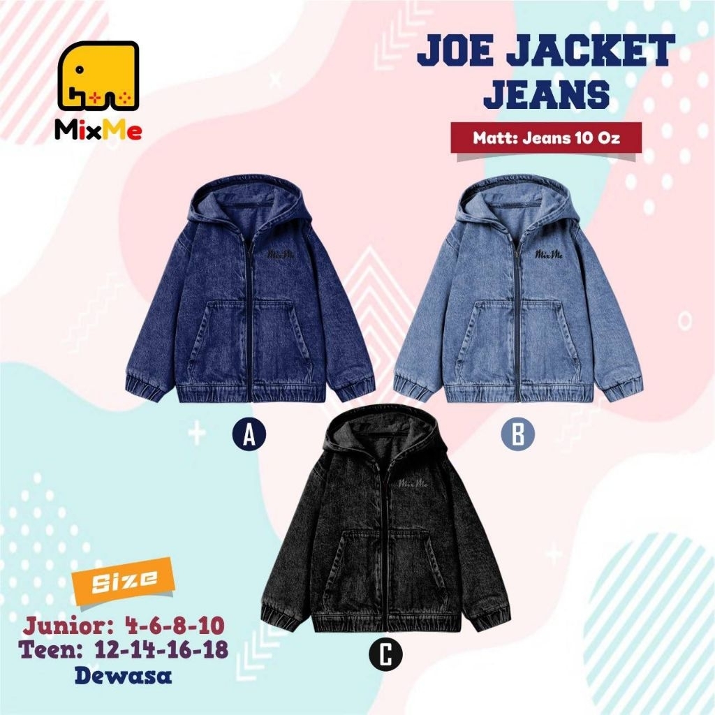 Po‼️ Mixme Jaket Denim Anak Remaja Dewasa Cewek Cowok Unisex Joe Jacket Jeans 4-18th Resleting Premi