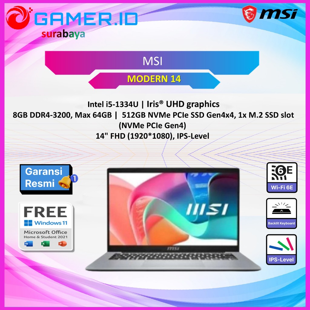 LAPTOP MSI MODERN 14 I5 1334 - 8GB 512GB 14.0FHD IPS BLIT