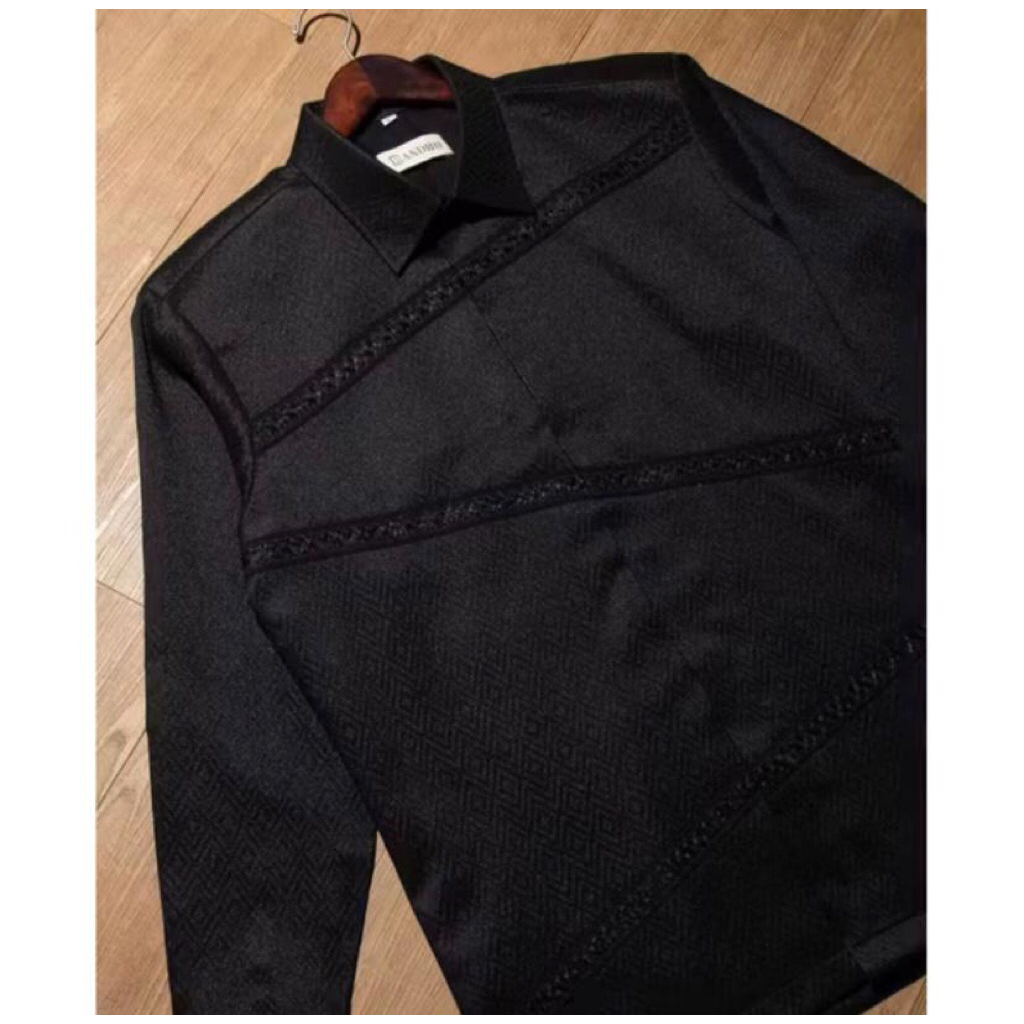 Ready Stok Kemeja Pria Kain Tenun Songket Ori Premium Lengan Panjang Hitam Mix Renda