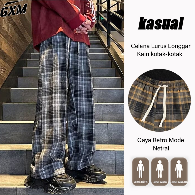 celana kasual pria Celana kotak-kotak celana katun pria celana panjang pria korea style celana lurus