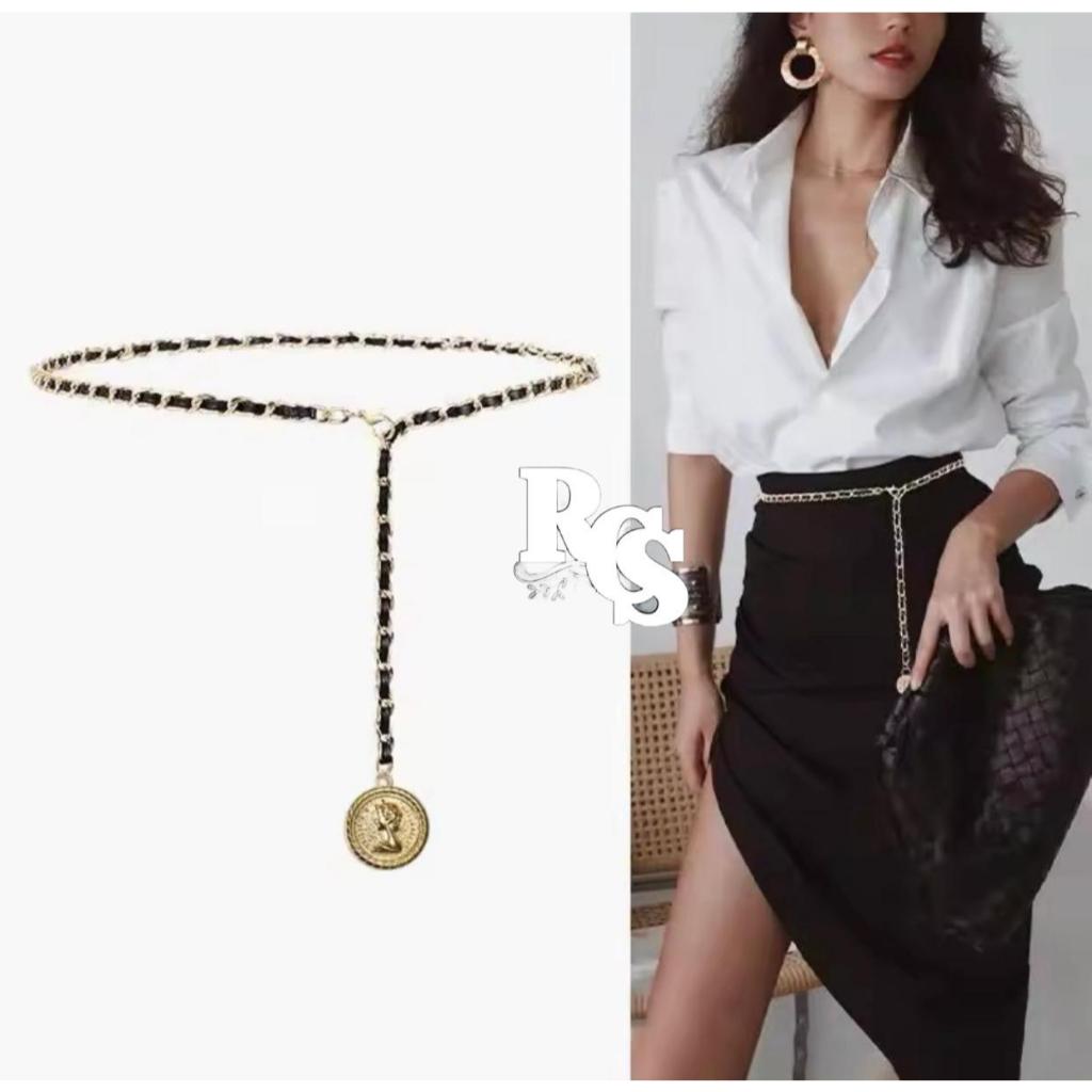RCS - WITH BOX belt ikat pinggang wanita fashion belt rantai koin hitam silver kode BR05