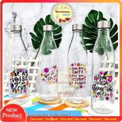 WHC Botol Kaca Tutup Stainless BMG 1000 ML/ BMG 750ML | Glass Bottle DECAL/FLOWER/POLOS