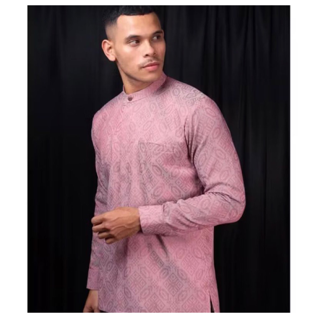 Ready Stok Kemeja Pria Lengan Panjang Tenun Premium Ori Pink Muda