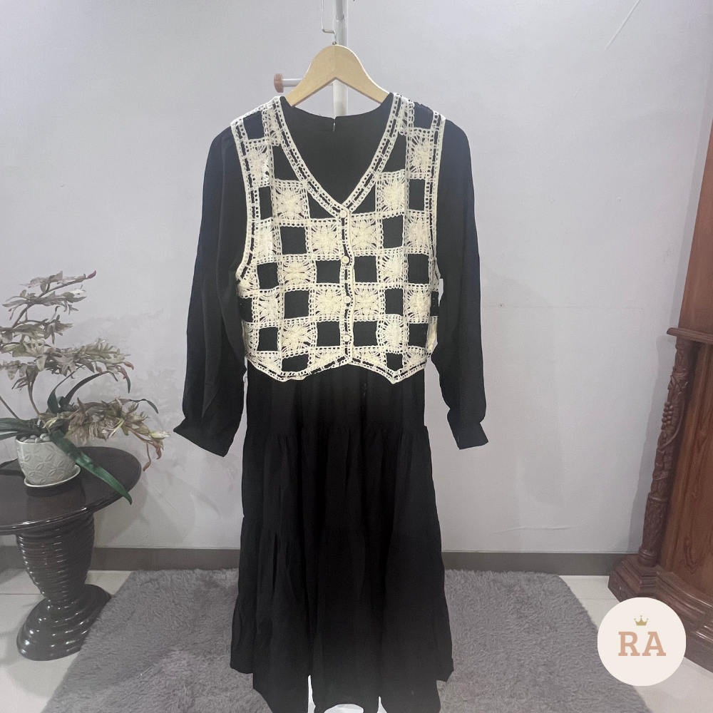 Gamis Katun Import dengan Rompi Rajut | Dress Layer Modis Lengan Panjang | All Size