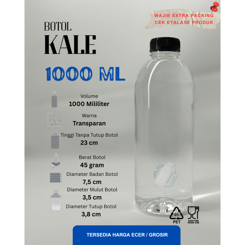 Botol Kale 1 Liter (45GR) / Botol Plastik PET Tebal Anti Bocor 1Liter / Botol Plastik Anti Bocor / B