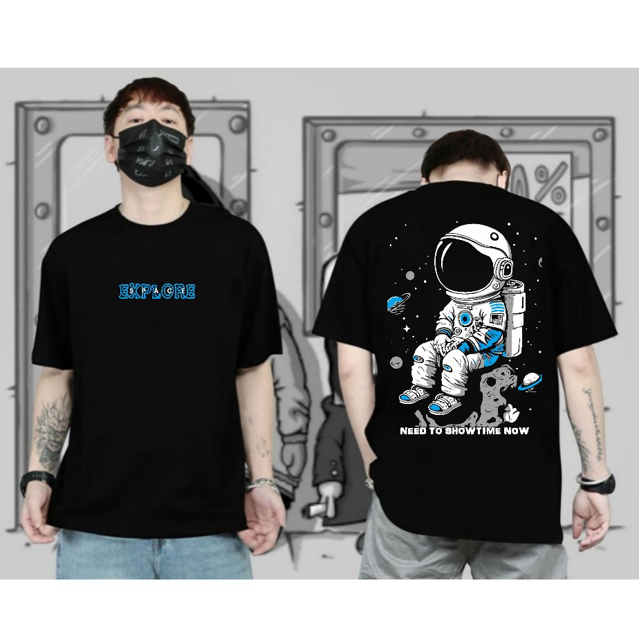 Kaos Distro pria | Motif Astronot Explorer Hitam | Baju Kaos Pria Atasan Cowo Outfit Style Kekinian 