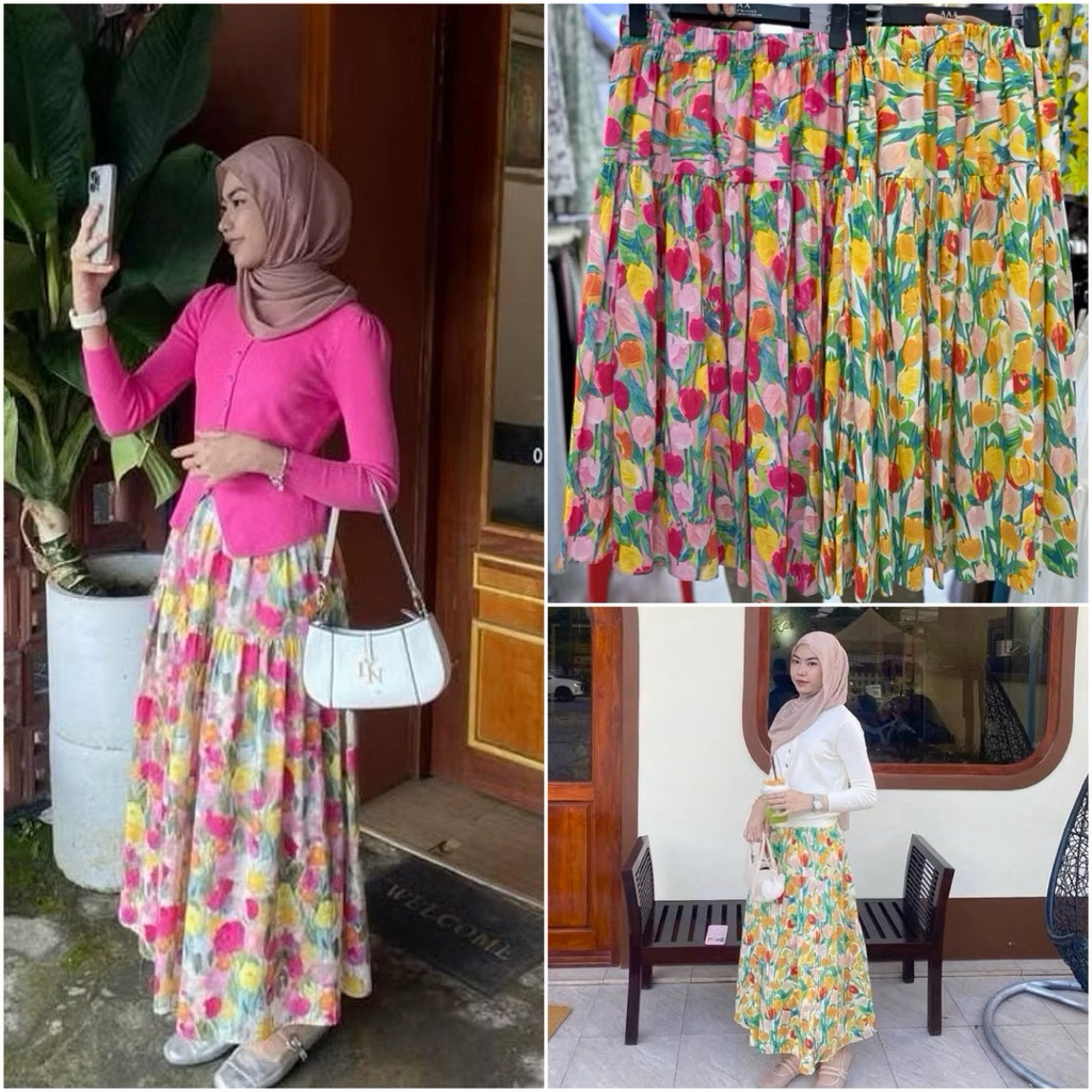 TATAOS BANGKOK FLOWER SKIRT ROK BUNGA FLARE TAG LABEL COTTON BKK IMPORT