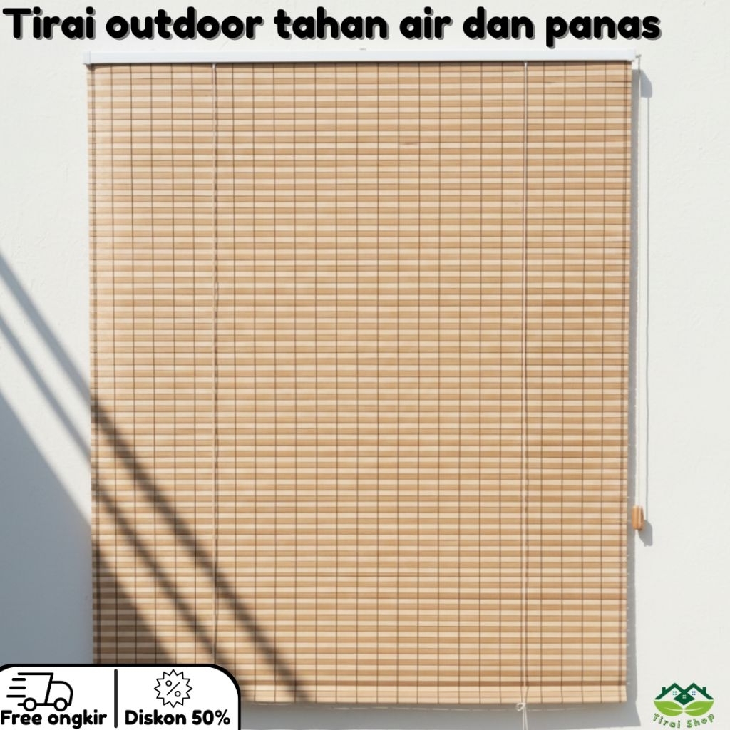Tirai Gulung Outdoor Kayu PVC Bisa Custom Ukuran, Anti Air & Panas