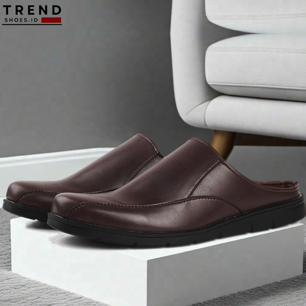 Sandal Sepatu Bustong Pria Kulit Sintetis Geovelli Series G19-1303 Coklat Selop Tutong Bustong