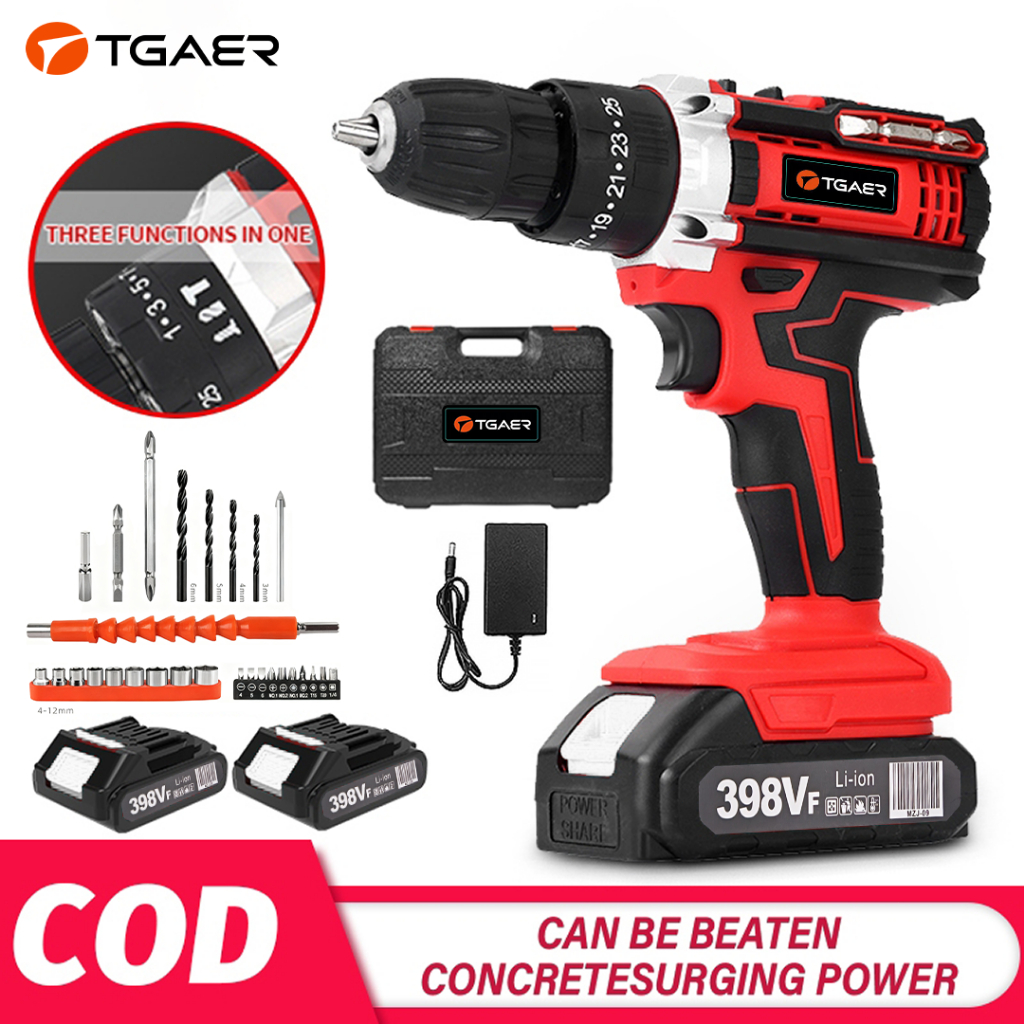 TGAER Impact Drill 3 in 1 Bor Baterai 21V Torsi 40N.M 10mm Cordless Impact Drill Bor Untuk DIY Rumah