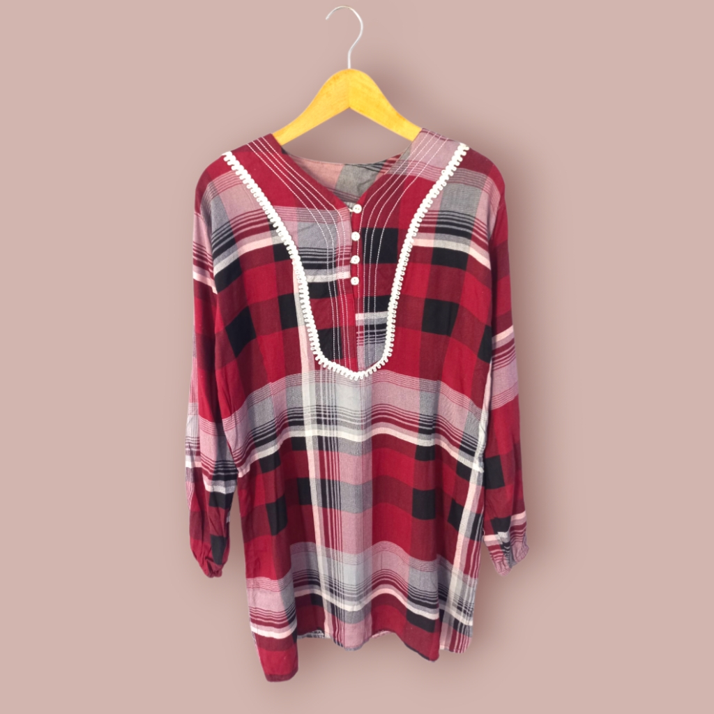 Blouse Tunik Rayon Merah Kotak-Kotak Atasan Wanita