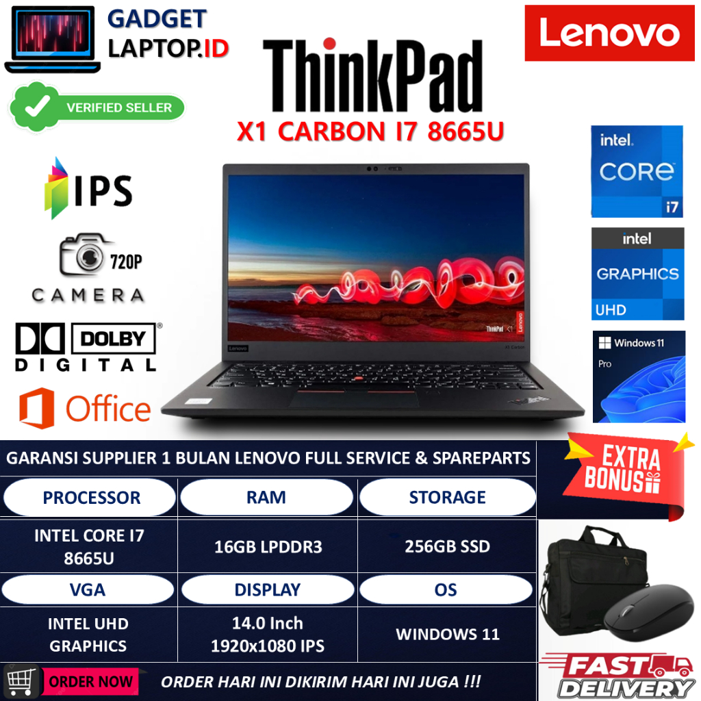 Laptop Lenovo Tinkpad X1 Carbon Intel i7 Gen 8 Ram 16GB SSD 256GB 14 Inch IPS Windows 11 Ori