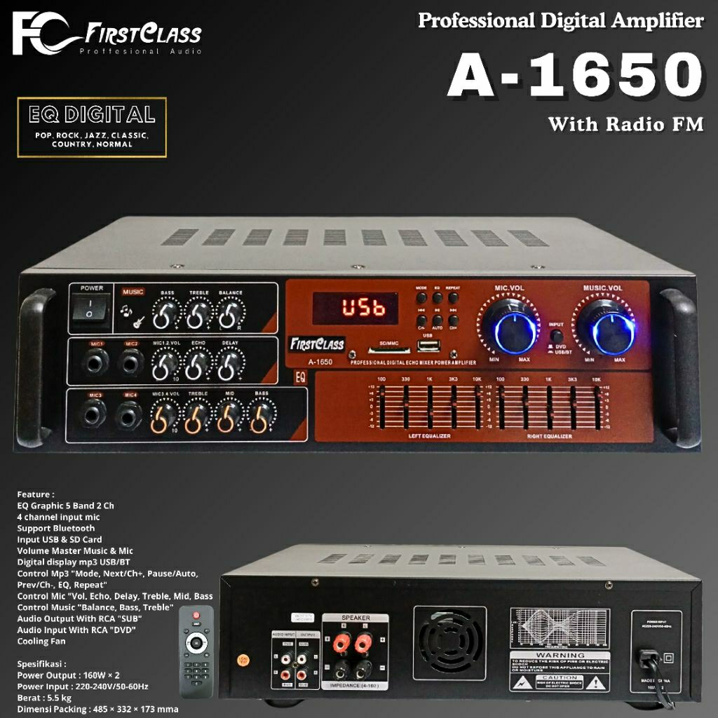 Amplifier Professional digital echo mixing Firstclass FC A1650