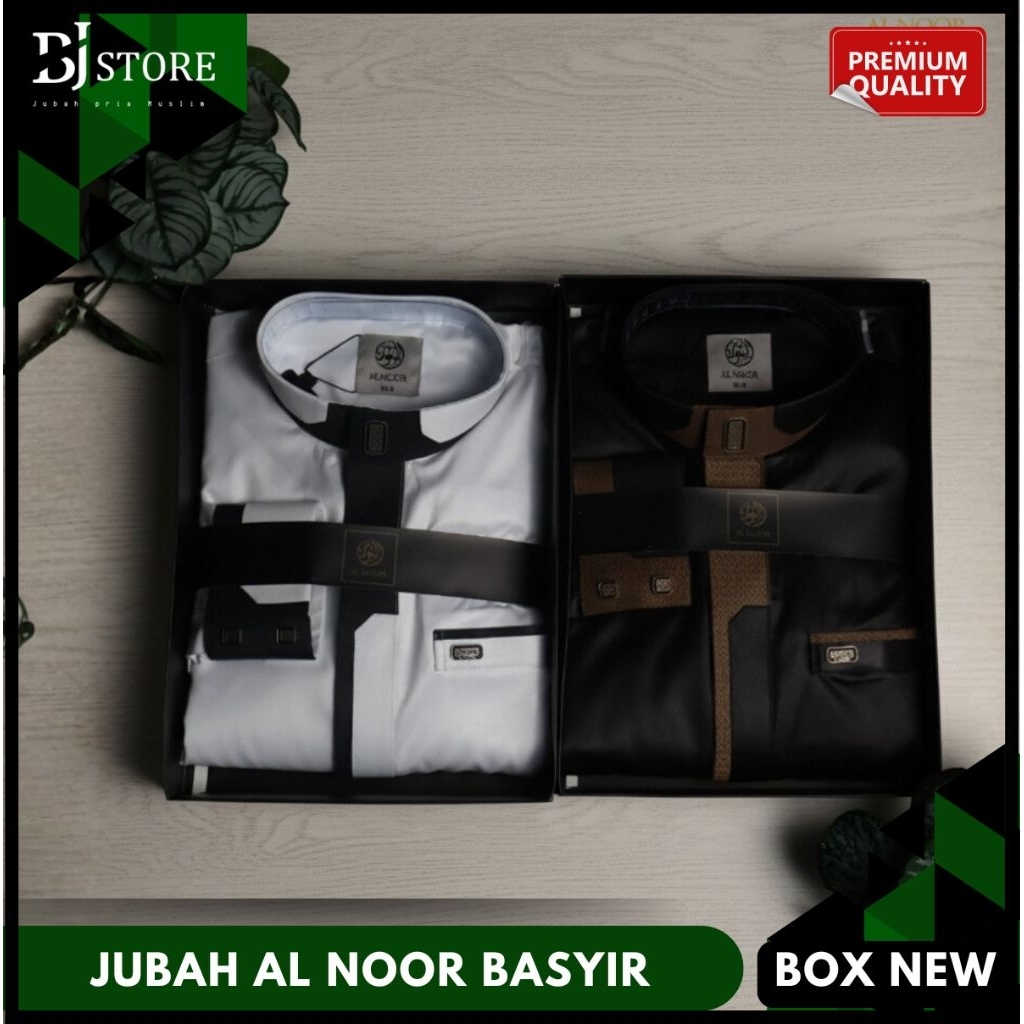 Alnoor Jubah Hitam Putih Basyir NEW BOX /Alnoor Polyester Premium Lengan Manset/Gamis Pria Dewasa