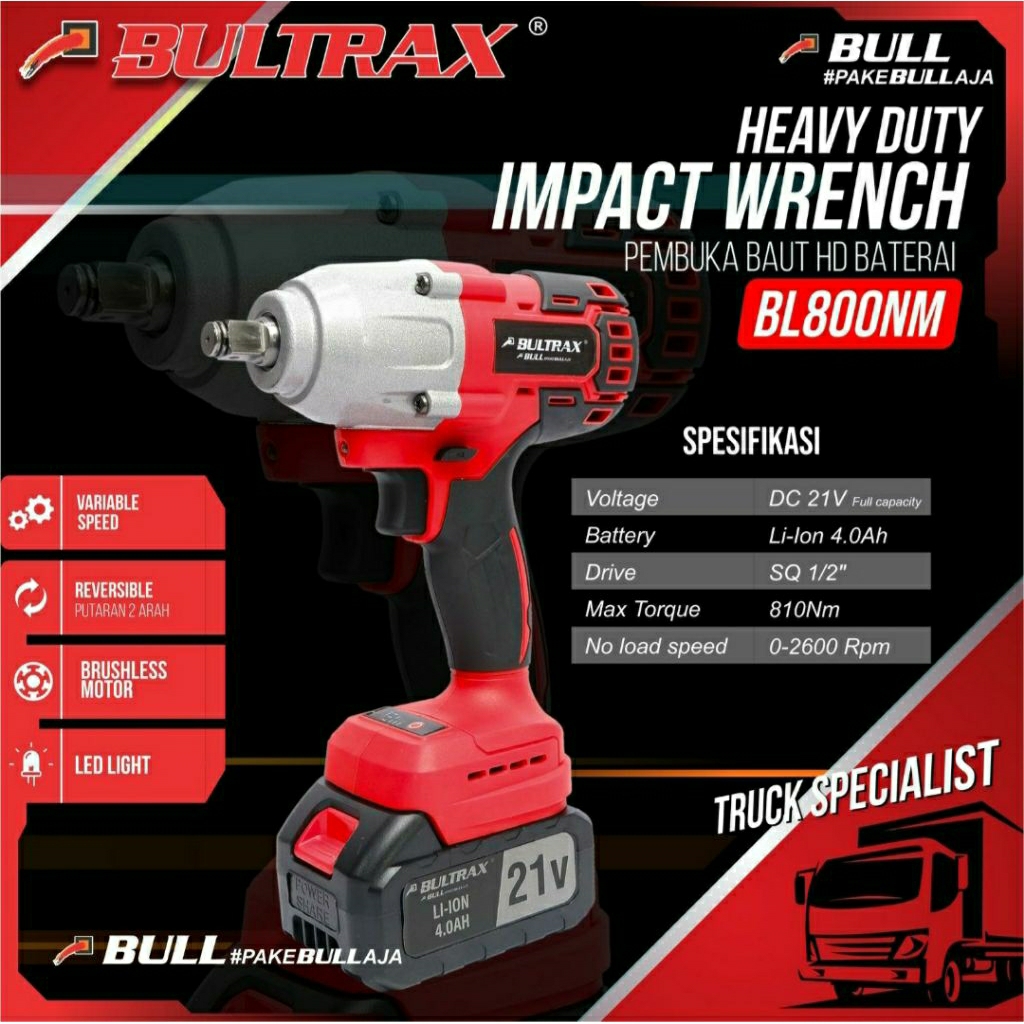 BL800NM MESIN BOR IMPACT WRENCH CORDLESS 21V BUKA BAUT BATERAI BULL BL 800NM