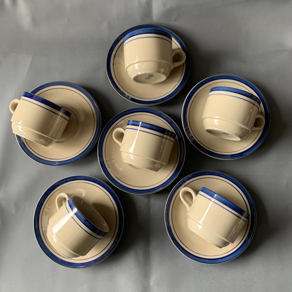Cangkir Set Keramik List Biru (6 Tatakan Lepek + 6 Cangkir) - Cangkir Set Kopi