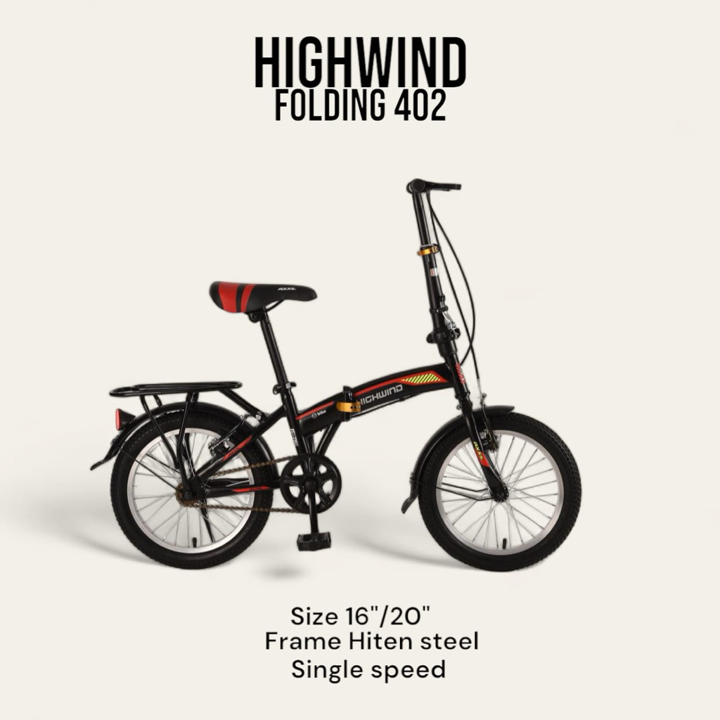 SEPEDA LIPAT HIGHWIND 401 16 inch 1 SPEED DILENGKAPI BONCENGAN & SPAKBOR