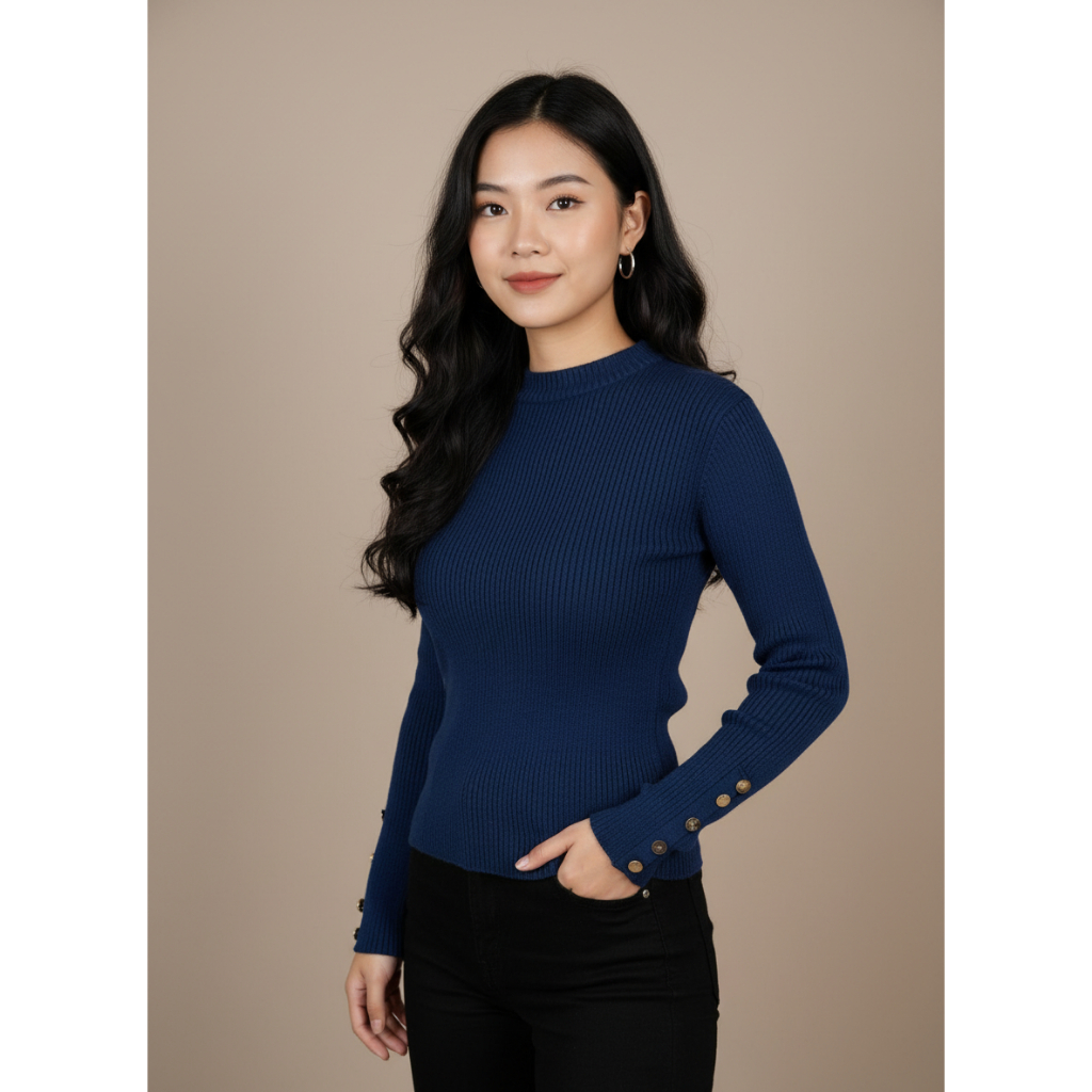 Manset Rajut Wanita Kancing Gold Lengan Panjang / Atasan Rajut Turtleneck Wanita Lengan Panjang Prem