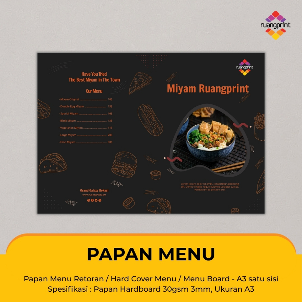 Papan Menu Retoran / Hard Cover Menu / Menu Board - A3 satu sisi