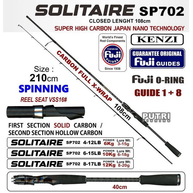 JORAN KENZI SOLITAIRE 702 Spinning 210cm Casting Rod X-Wrap Solid Carbon Fuji Guides 4-12lbs 6-15lbs
