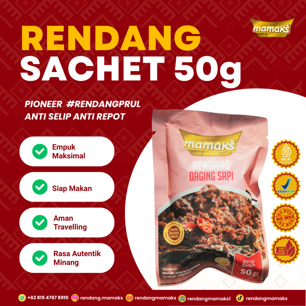 Rendang Daging Sapi Sachet 50gr PREMIUM Lauk Siap Saji Khas Padang (Halal MUI BPOM Tanpa MSG)