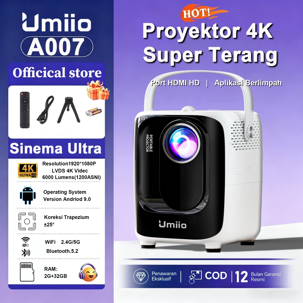 [NEW UPGRADE]Umiio A007 Proyektor Android TV 1080P HDMI 1200ANS Lumens Smart Projector (2GB+36GB) RO