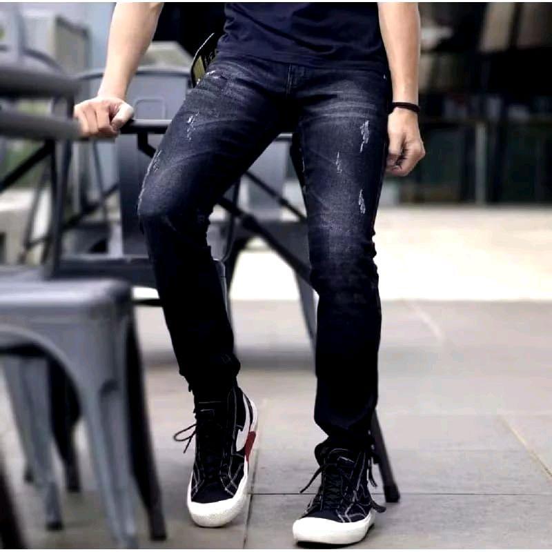 Celana Jeans Panjang Pria Slimfit Selvedge Polos Bahan Melar Denim Jeans Premium Kasual BlackJazz